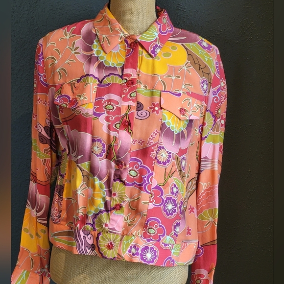 FL Malik Tops - FL Malik Medium Orange And Pink Floral Cupra Cropped Blouse